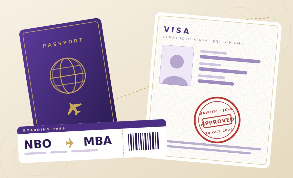 Passport, visa with approval stamp and boarding pass